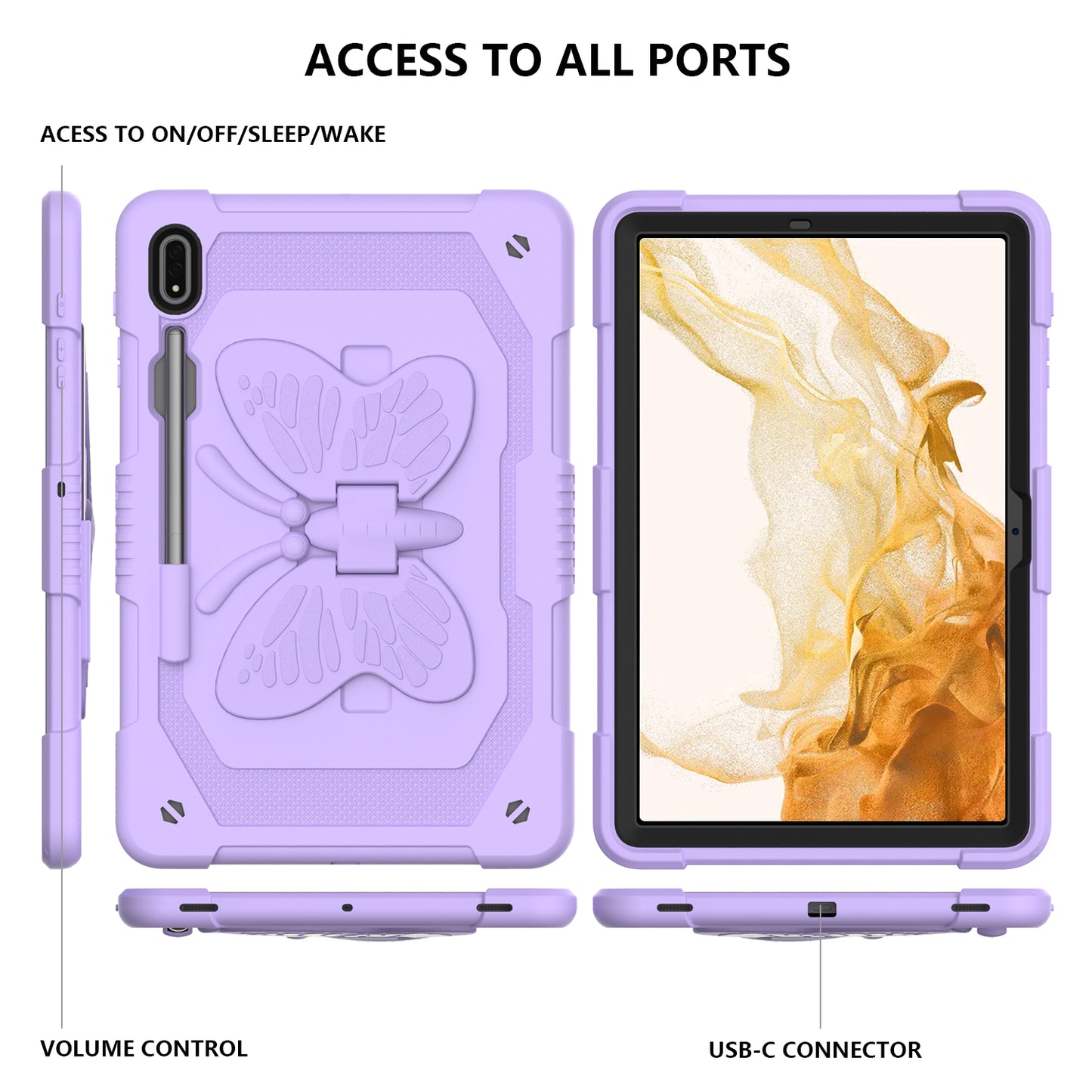 Anti-scratch Silicone + PC Tablet Case for Samsung Galaxy Tab S9 Butterfly Shape Kickstand Cover with Shoulder Strap