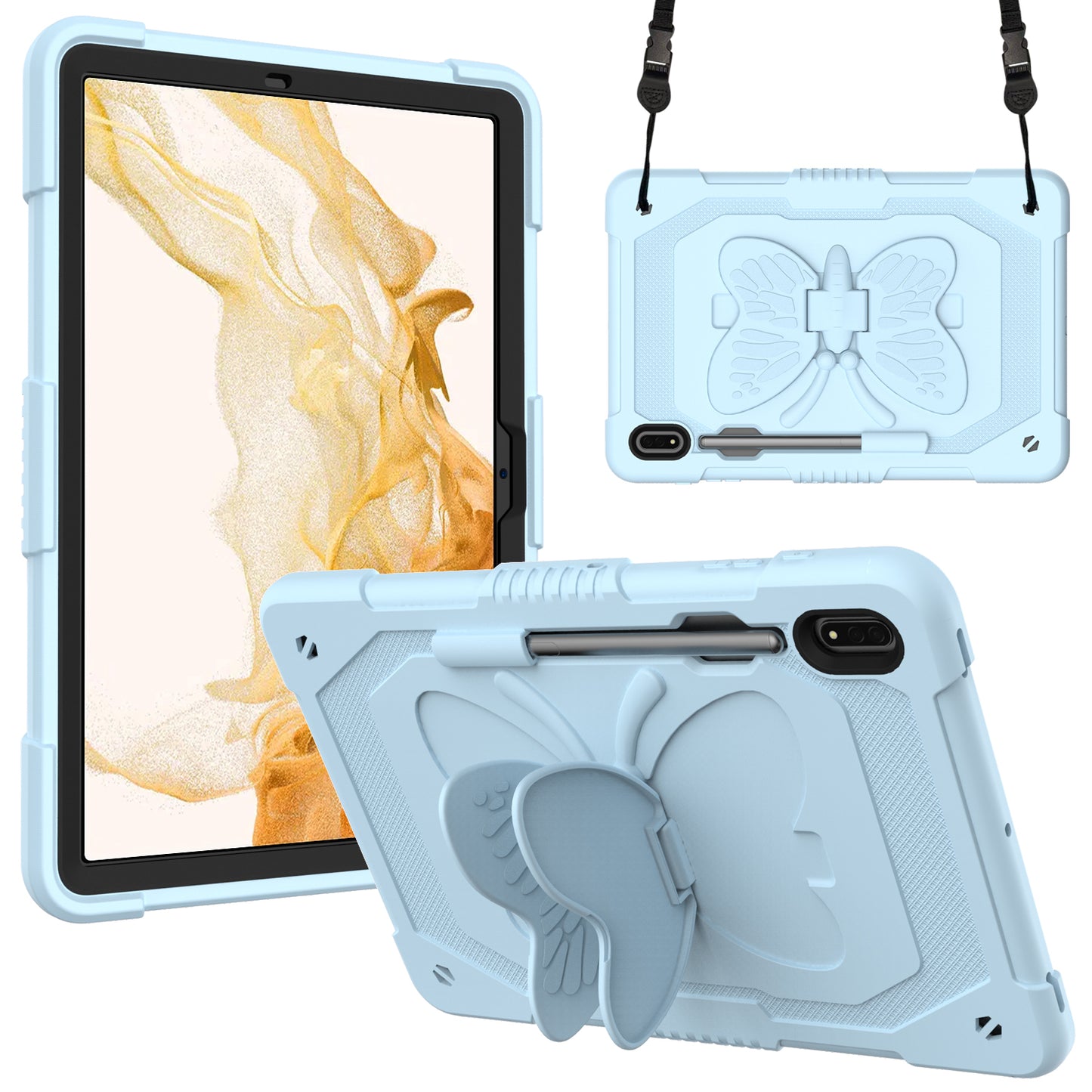 Anti-scratch Silicone + PC Tablet Case for Samsung Galaxy Tab S9 Butterfly Shape Kickstand Cover with Shoulder Strap