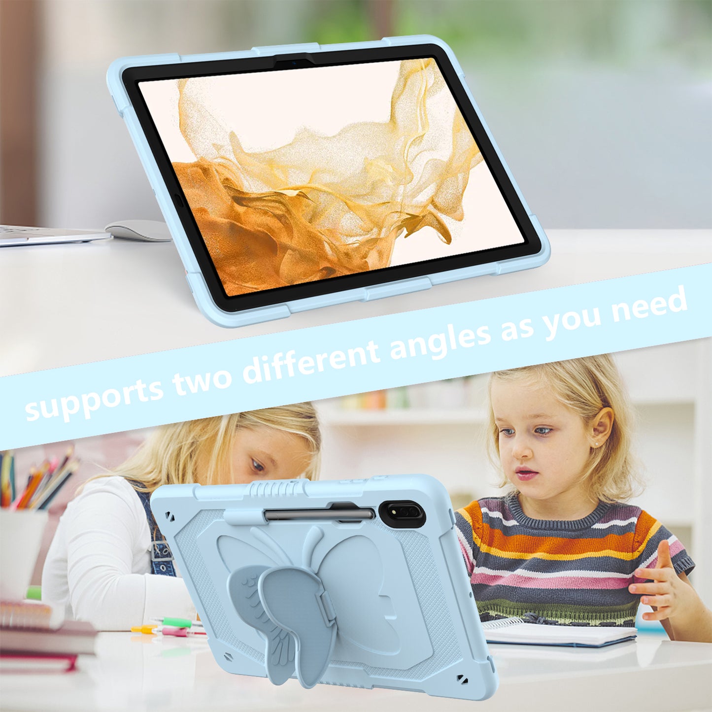 Anti-scratch Silicone + PC Tablet Case for Samsung Galaxy Tab S9 Butterfly Shape Kickstand Cover with Shoulder Strap