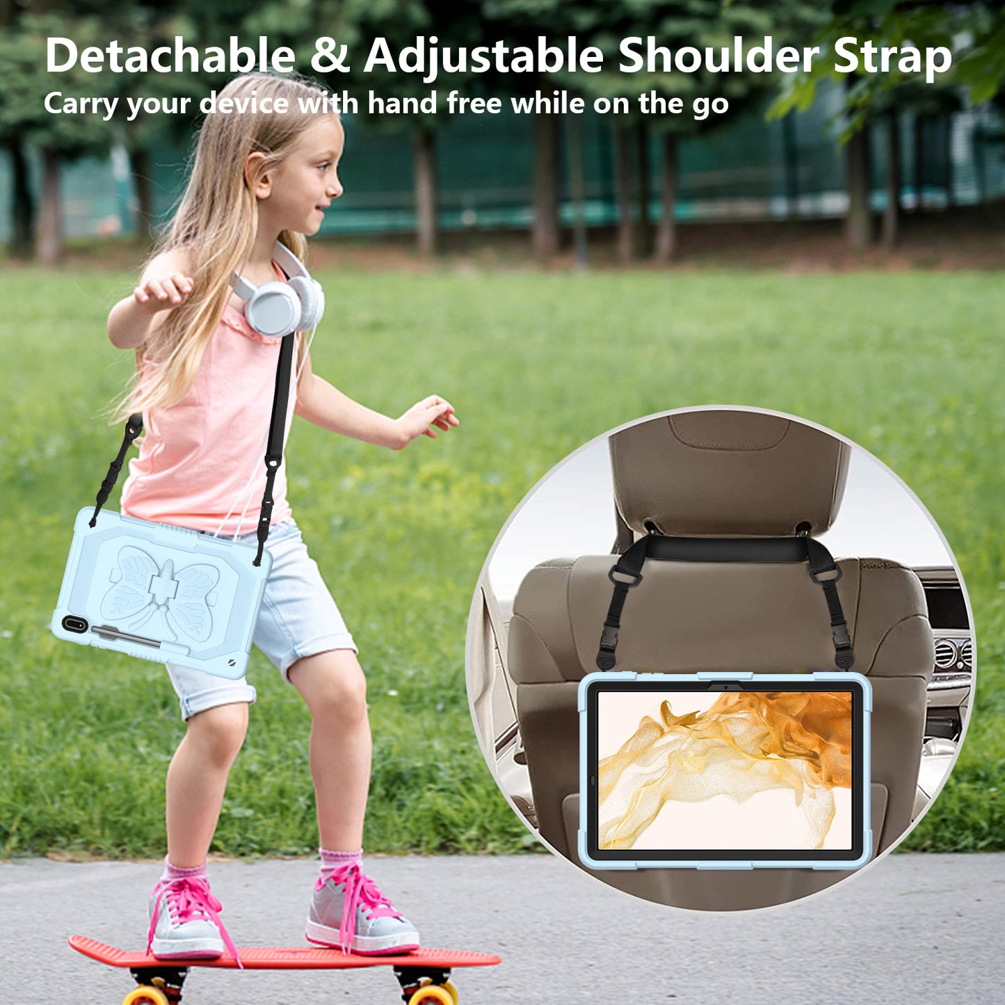 Anti-scratch Silicone + PC Tablet Case for Samsung Galaxy Tab S9 Butterfly Shape Kickstand Cover with Shoulder Strap
