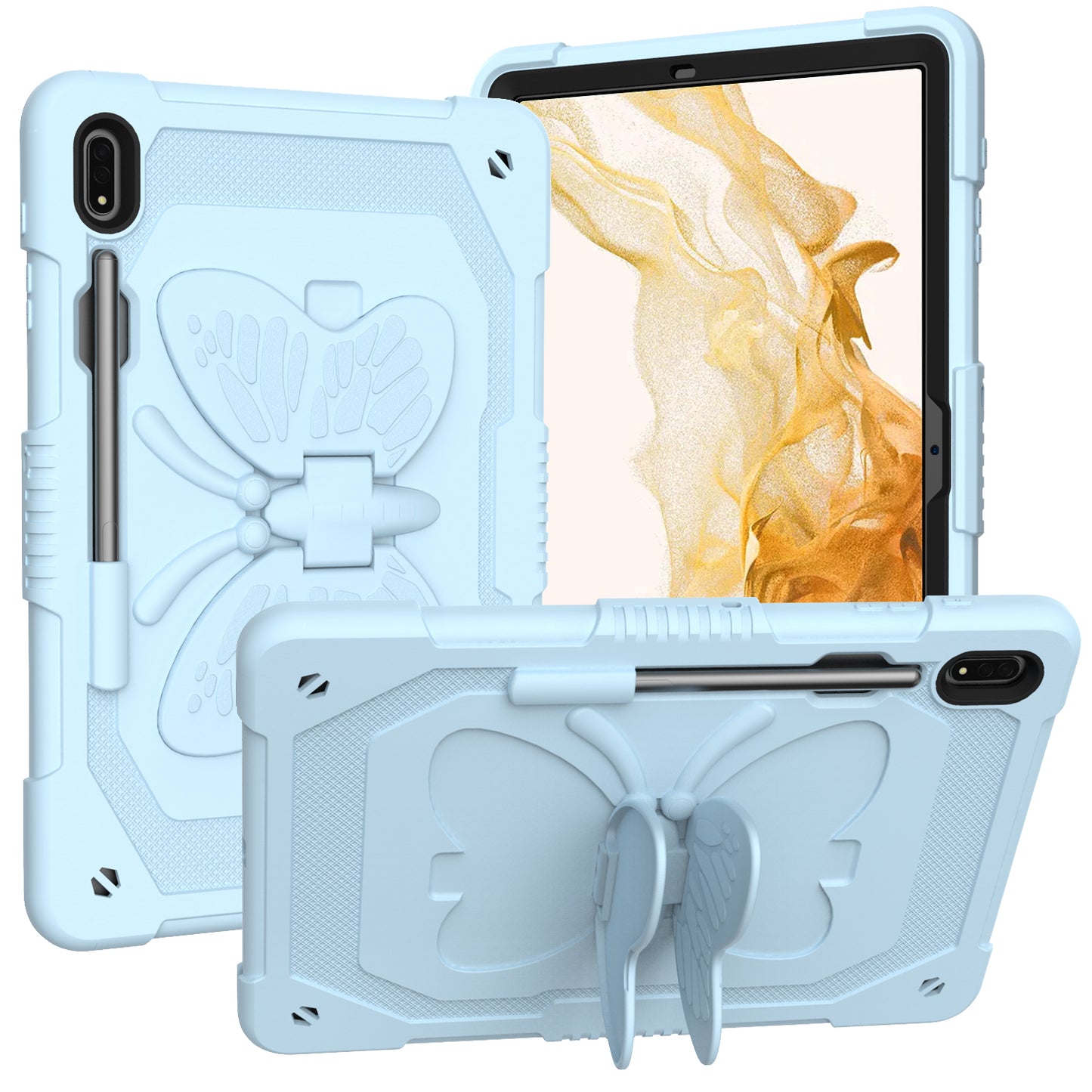 Anti-scratch Silicone + PC Tablet Case for Samsung Galaxy Tab S9 Butterfly Shape Kickstand Cover with Shoulder Strap