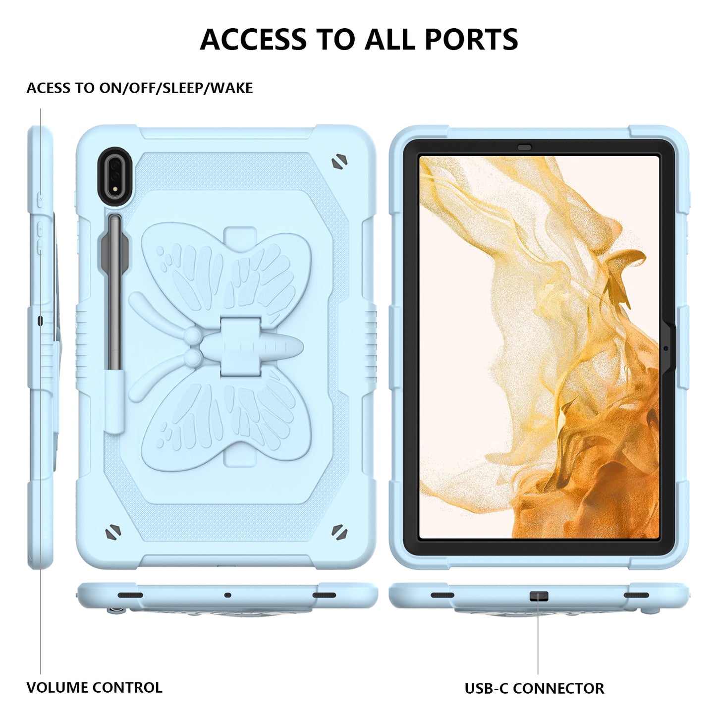 Anti-scratch Silicone + PC Tablet Case for Samsung Galaxy Tab S9 Butterfly Shape Kickstand Cover with Shoulder Strap