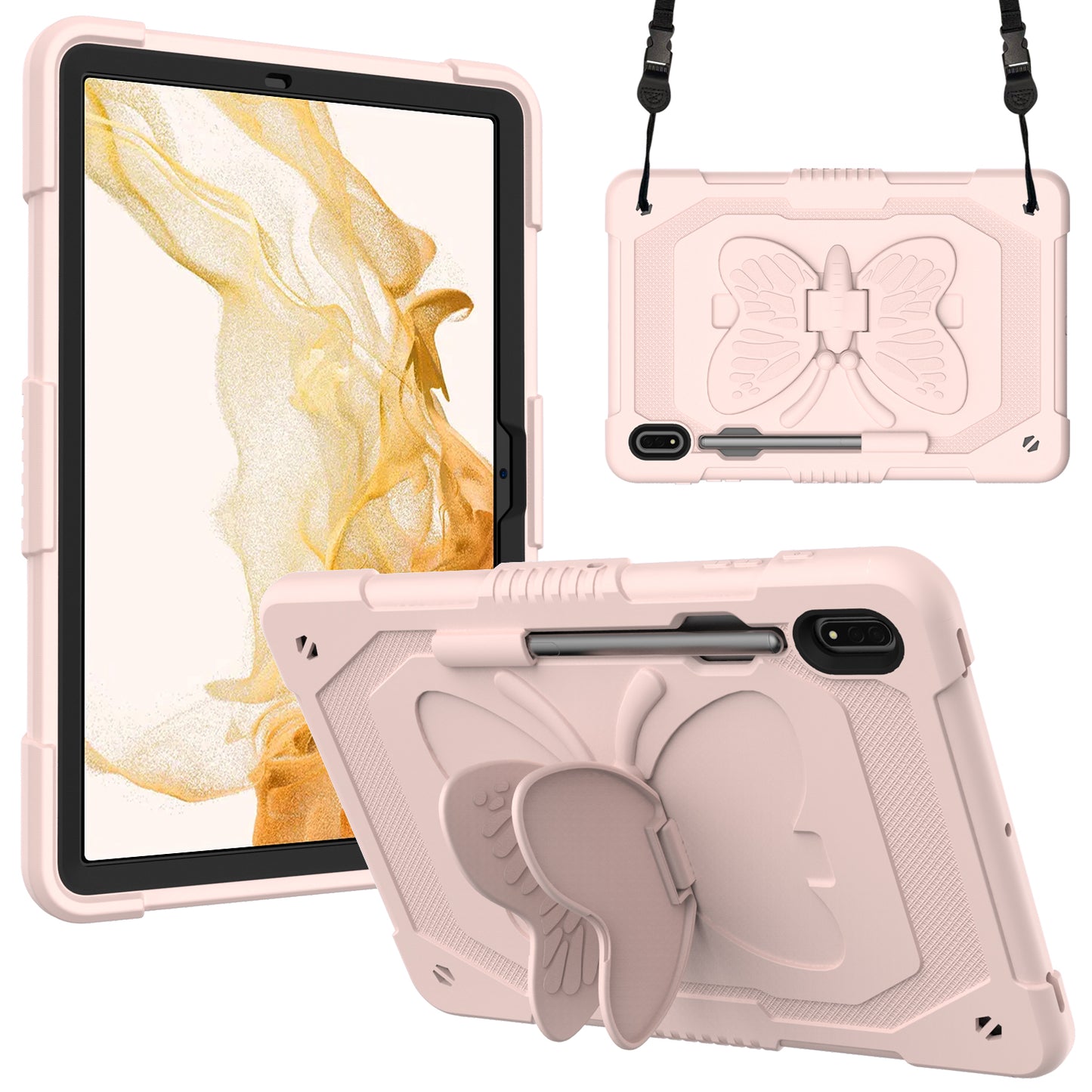 Anti-scratch Silicone + PC Tablet Case for Samsung Galaxy Tab S9 Butterfly Shape Kickstand Cover with Shoulder Strap