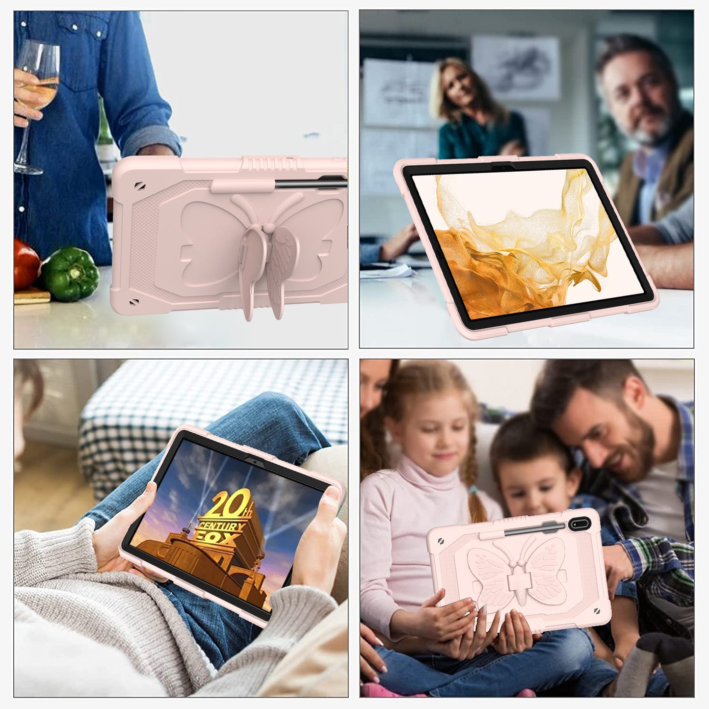 Anti-scratch Silicone + PC Tablet Case for Samsung Galaxy Tab S9 Butterfly Shape Kickstand Cover with Shoulder Strap