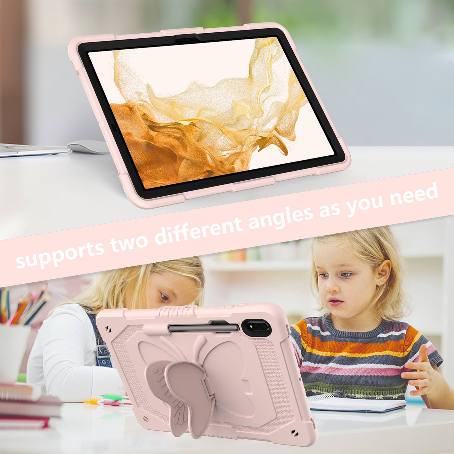 Anti-scratch Silicone + PC Tablet Case for Samsung Galaxy Tab S9 Butterfly Shape Kickstand Cover with Shoulder Strap