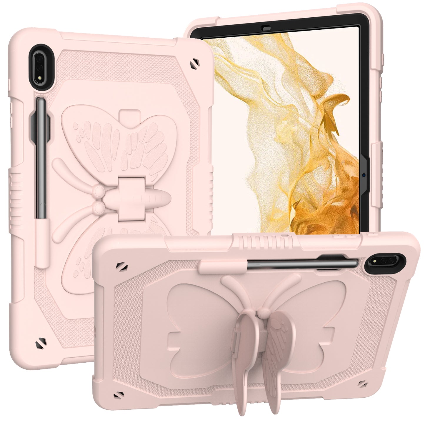 Anti-scratch Silicone + PC Tablet Case for Samsung Galaxy Tab S9 Butterfly Shape Kickstand Cover with Shoulder Strap