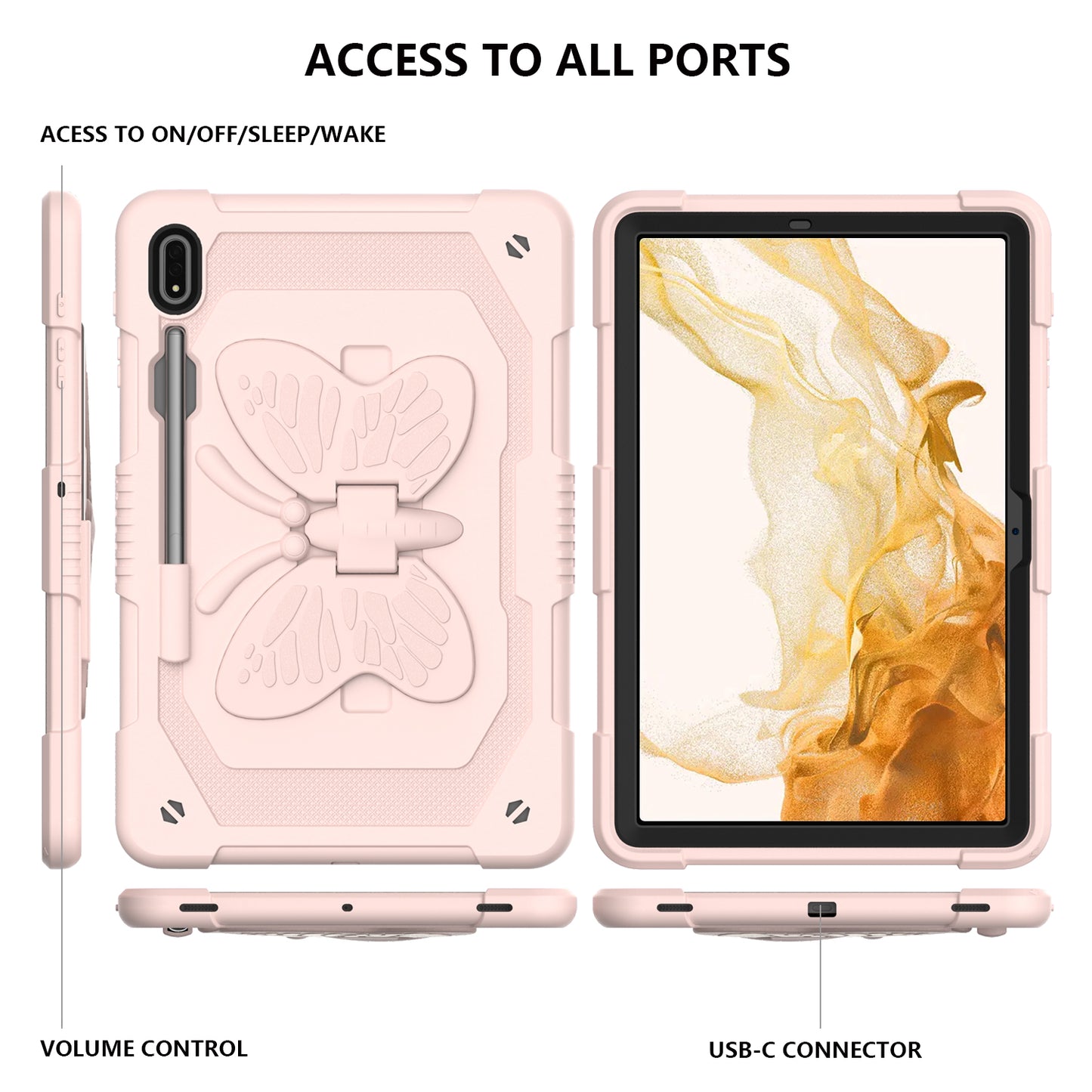 Anti-scratch Silicone + PC Tablet Case for Samsung Galaxy Tab S9 Butterfly Shape Kickstand Cover with Shoulder Strap