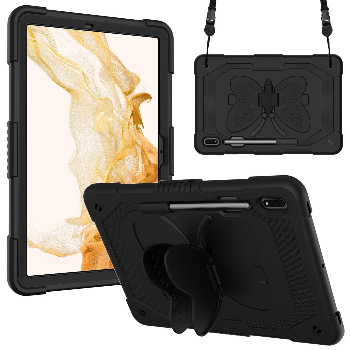 Anti-scratch Silicone + PC Tablet Case for Samsung Galaxy Tab S9 Butterfly Shape Kickstand Cover with Shoulder Strap