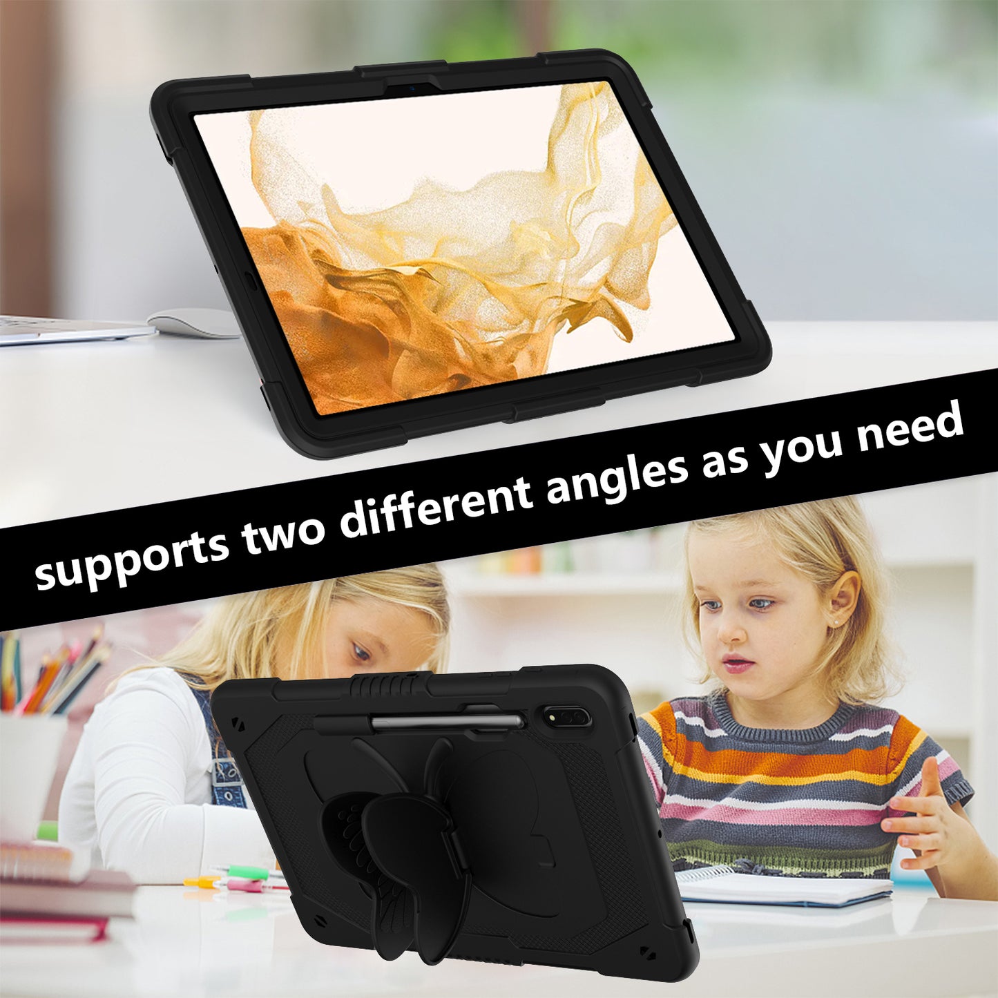 Anti-scratch Silicone + PC Tablet Case for Samsung Galaxy Tab S9 Butterfly Shape Kickstand Cover with Shoulder Strap