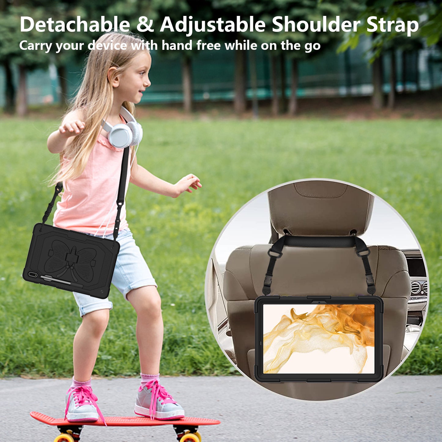 Anti-scratch Silicone + PC Tablet Case for Samsung Galaxy Tab S9 Butterfly Shape Kickstand Cover with Shoulder Strap