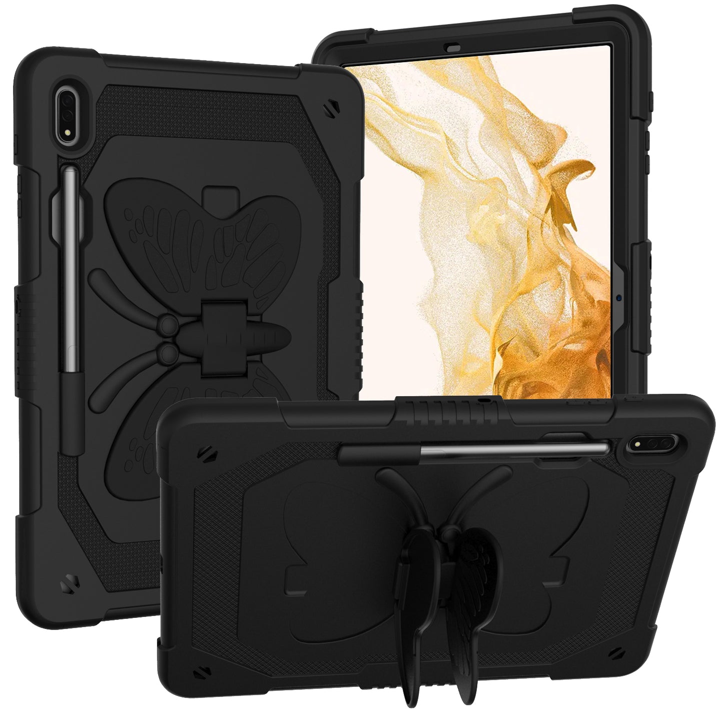 Anti-scratch Silicone + PC Tablet Case for Samsung Galaxy Tab S9 Butterfly Shape Kickstand Cover with Shoulder Strap