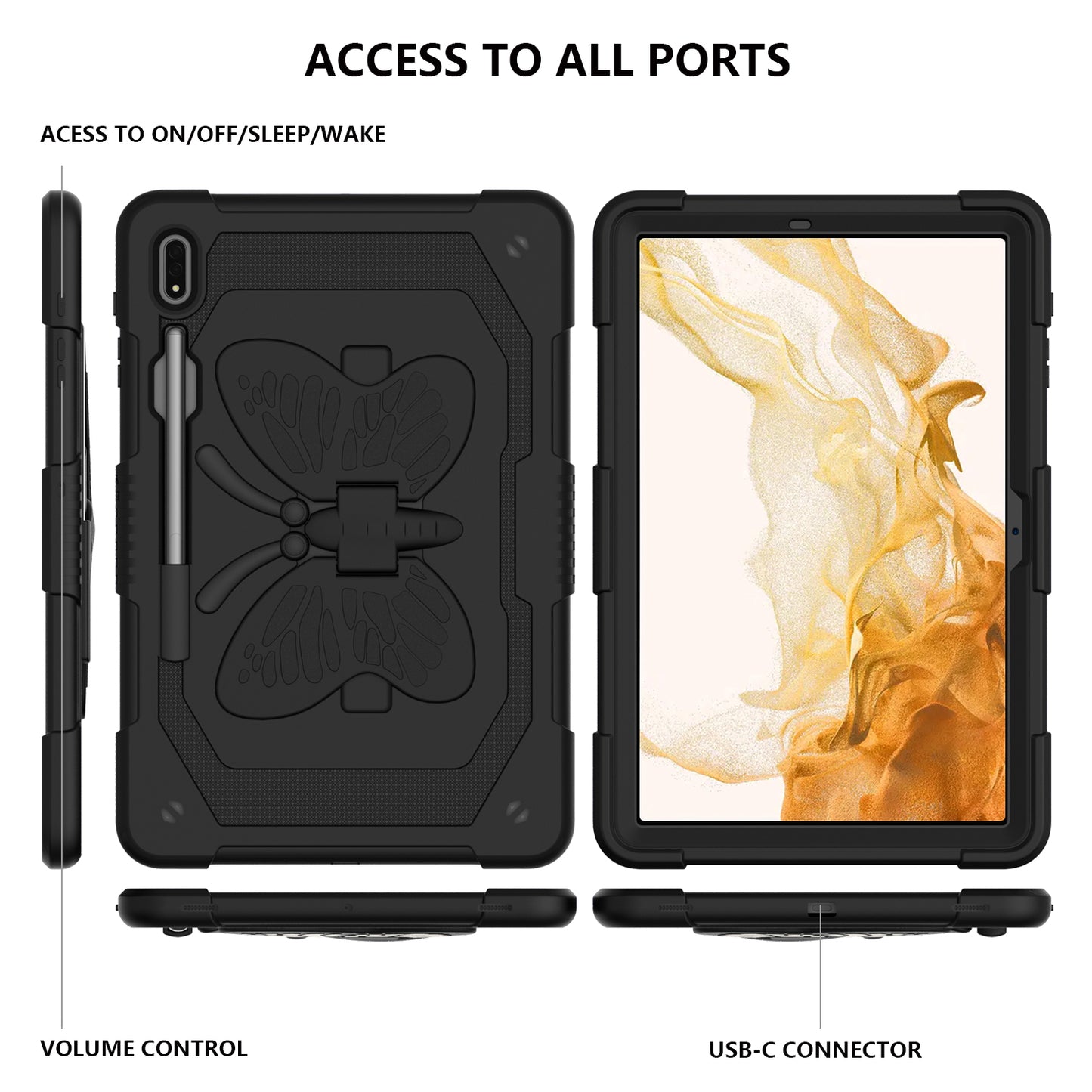 Anti-scratch Silicone + PC Tablet Case for Samsung Galaxy Tab S9 Butterfly Shape Kickstand Cover with Shoulder Strap