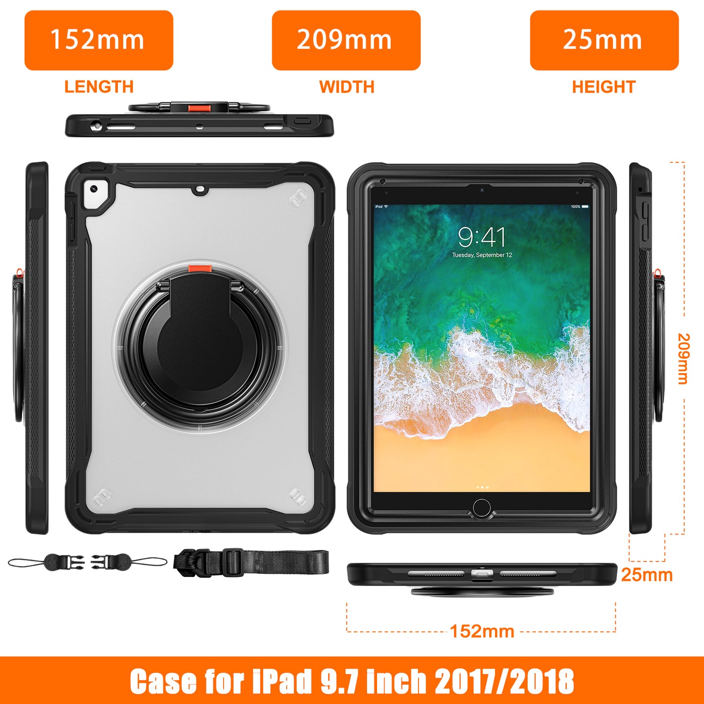 For iPad Air (2013) / Air 2 / iPad Pro 9.7 inch (2016) / iPad 9.7-inch (2017) / (2018) Kickstand Cover PC+TPU Handle Grip Tablet Case