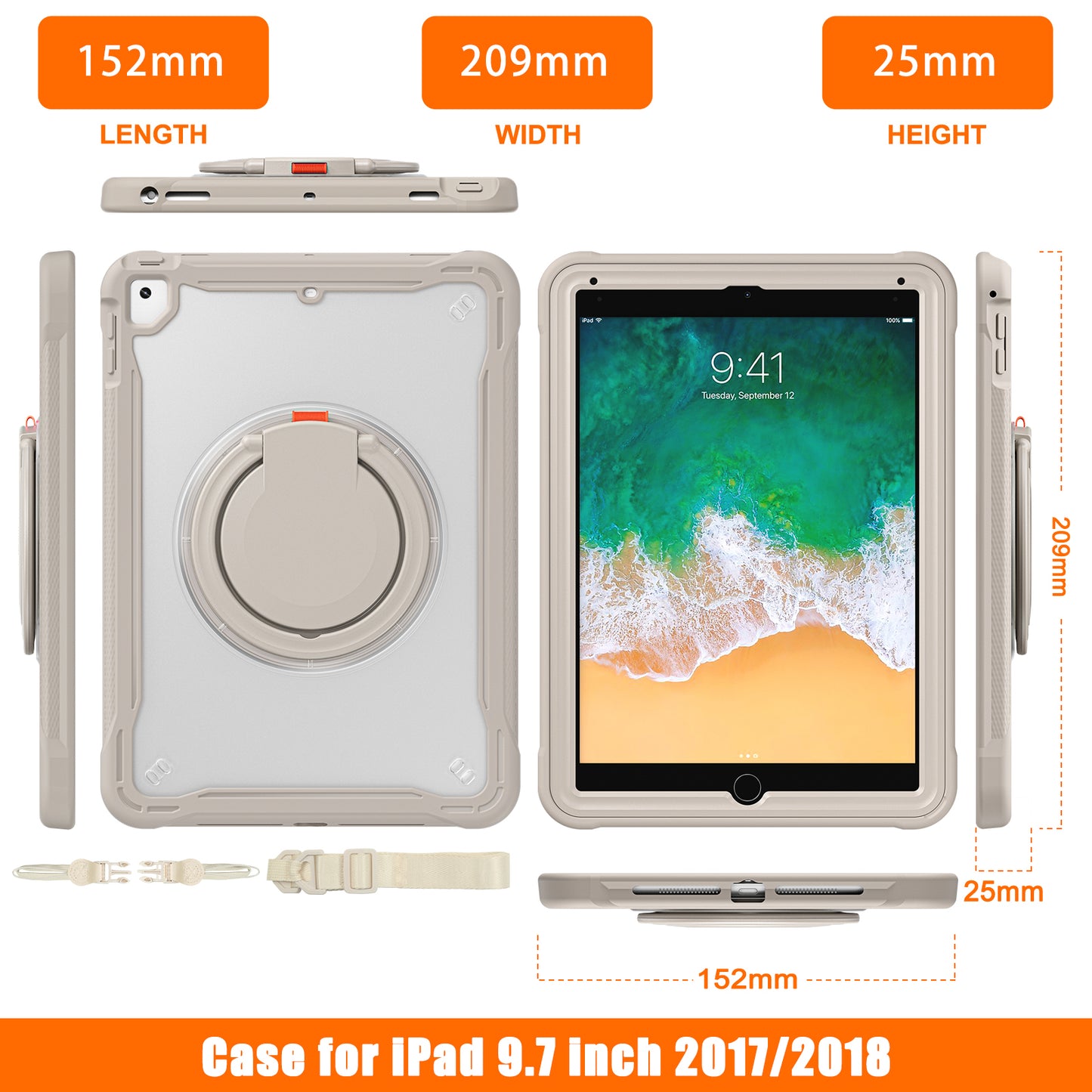 For iPad Air (2013) / Air 2 / iPad Pro 9.7 inch (2016) / iPad 9.7-inch (2017) / (2018) Kickstand Cover PC+TPU Handle Grip Tablet Case