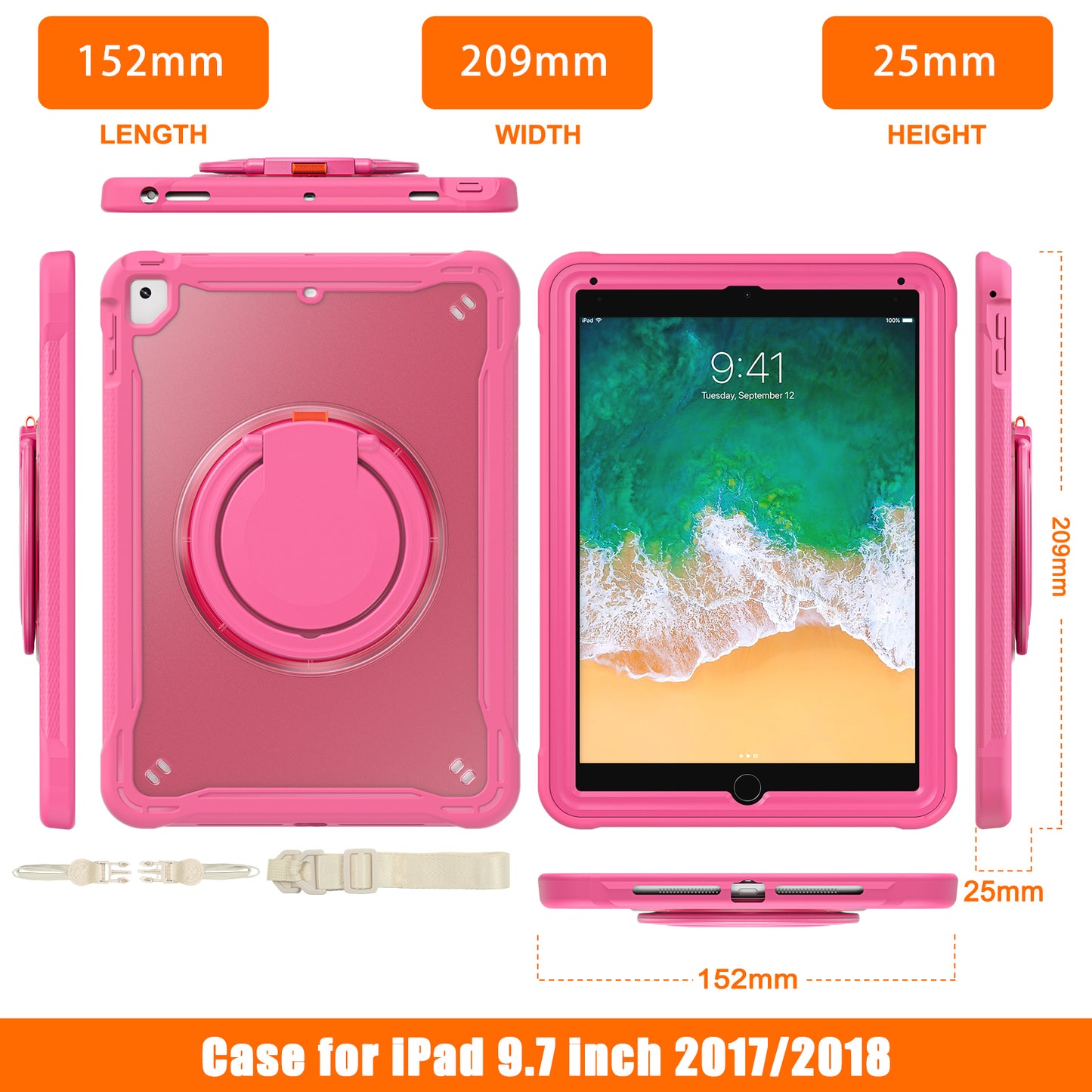 For iPad Air (2013) / Air 2 / iPad Pro 9.7 inch (2016) / iPad 9.7-inch (2017) / (2018) Kickstand Cover PC+TPU Handle Grip Tablet Case