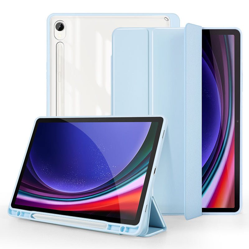 For Samsung Galaxy Tab S9 Protective Tablet Case Tri-Fold Stand PC+TPU+PU Clear Back Flip Cover