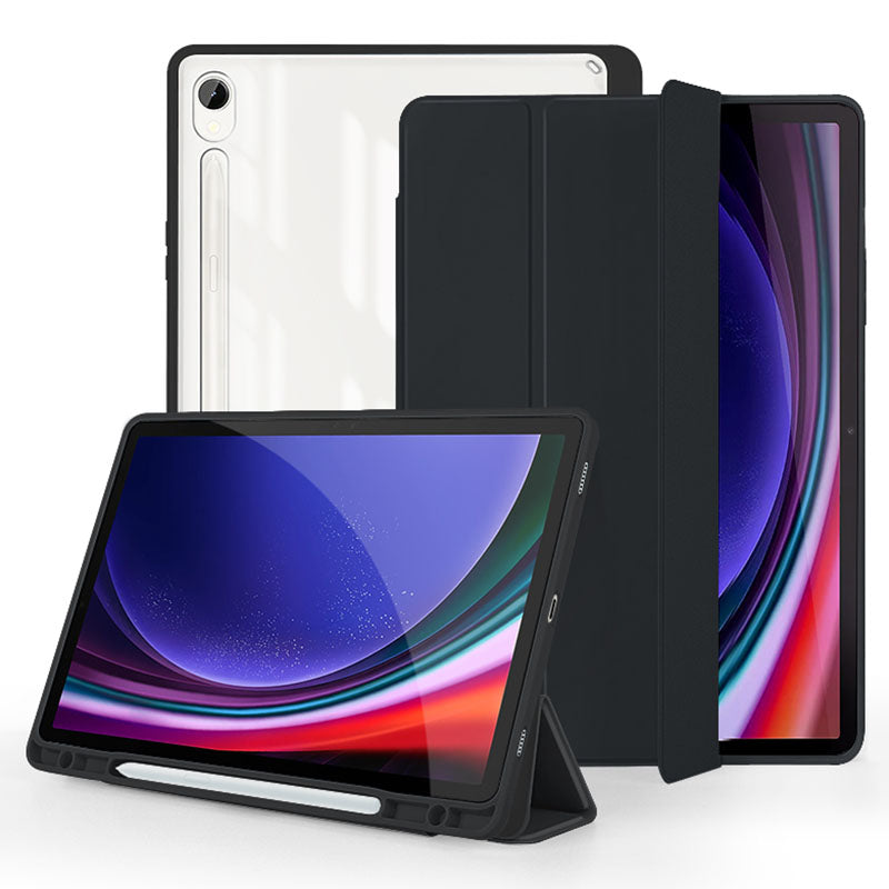 For Samsung Galaxy Tab S9 Protective Tablet Case Tri-Fold Stand PC+TPU+PU Clear Back Flip Cover