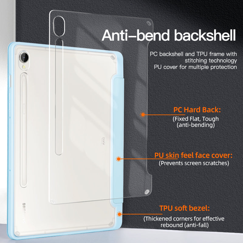For Samsung Galaxy Tab S9 Protective Tablet Case Tri-Fold Stand PC+TPU+PU Clear Back Flip Cover