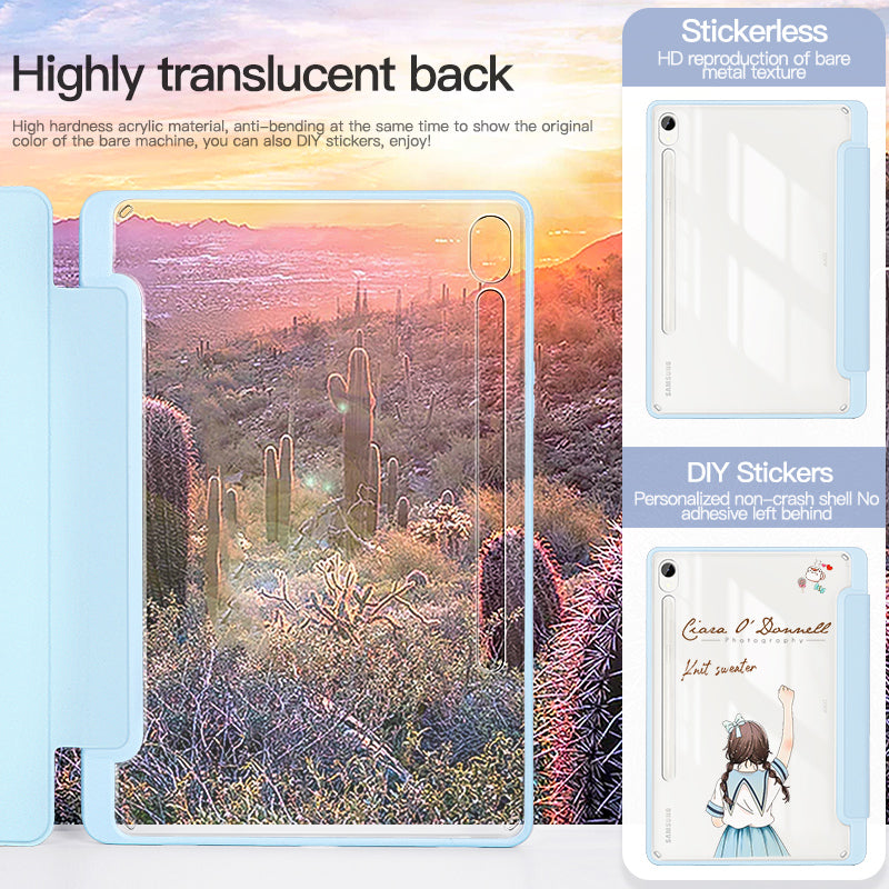 For Samsung Galaxy Tab S9 Protective Tablet Case Tri-Fold Stand PC+TPU+PU Clear Back Flip Cover