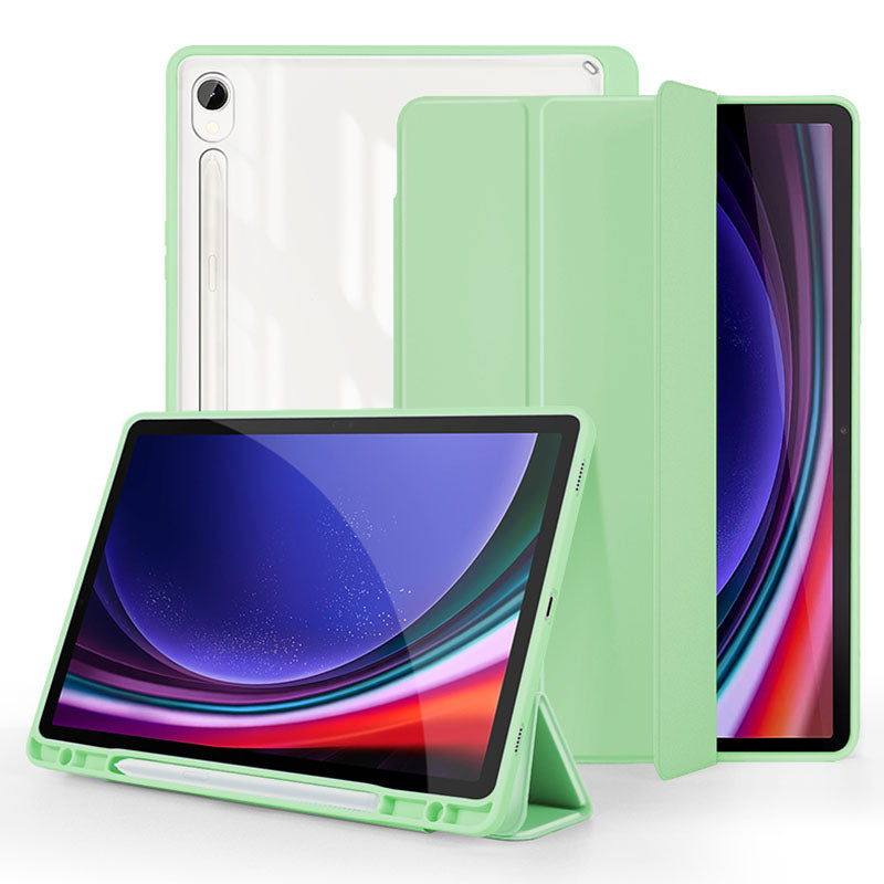 For Samsung Galaxy Tab S9 Protective Tablet Case Tri-Fold Stand PC+TPU+PU Clear Back Flip Cover