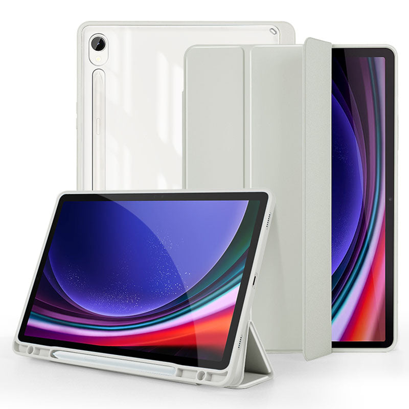 For Samsung Galaxy Tab S9 Protective Tablet Case Tri-Fold Stand PC+TPU+PU Clear Back Flip Cover