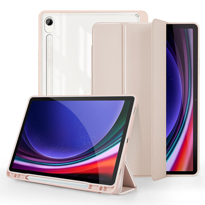 For Samsung Galaxy Tab S9 Protective Tablet Case Tri-Fold Stand PC+TPU+PU Clear Back Flip Cover