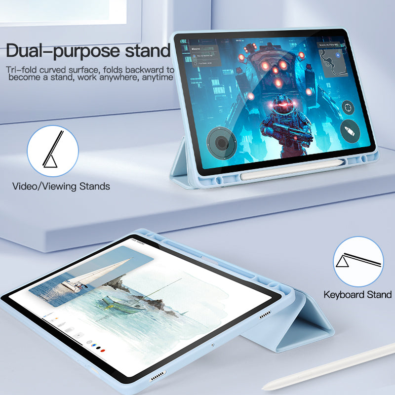 For Samsung Galaxy Tab S9 Protective Tablet Case Tri-Fold Stand PC+TPU+PU Clear Back Flip Cover