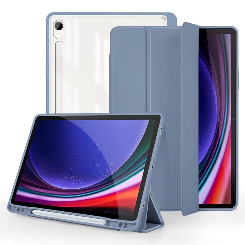 For Samsung Galaxy Tab S9 Protective Tablet Case Tri-Fold Stand PC+TPU+PU Clear Back Flip Cover