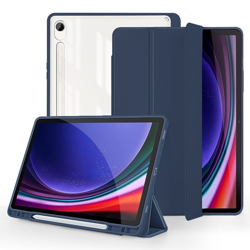 For Samsung Galaxy Tab S9 Protective Tablet Case Tri-Fold Stand PC+TPU+PU Clear Back Flip Cover