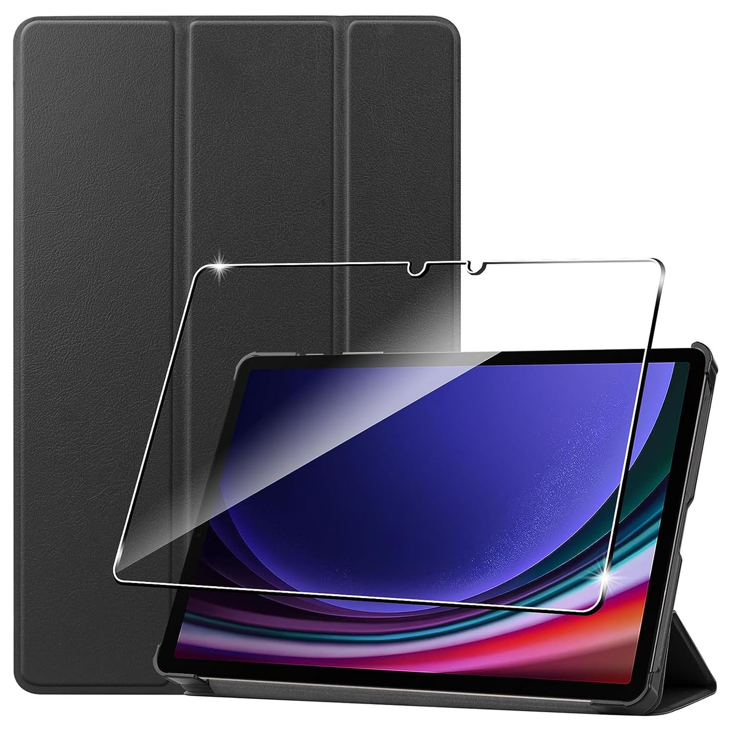 For Samsung Galaxy Tab S9 Tri-fold Stand PU Leather Tablet Case with 2.5D Tempered Glass Screen Protector