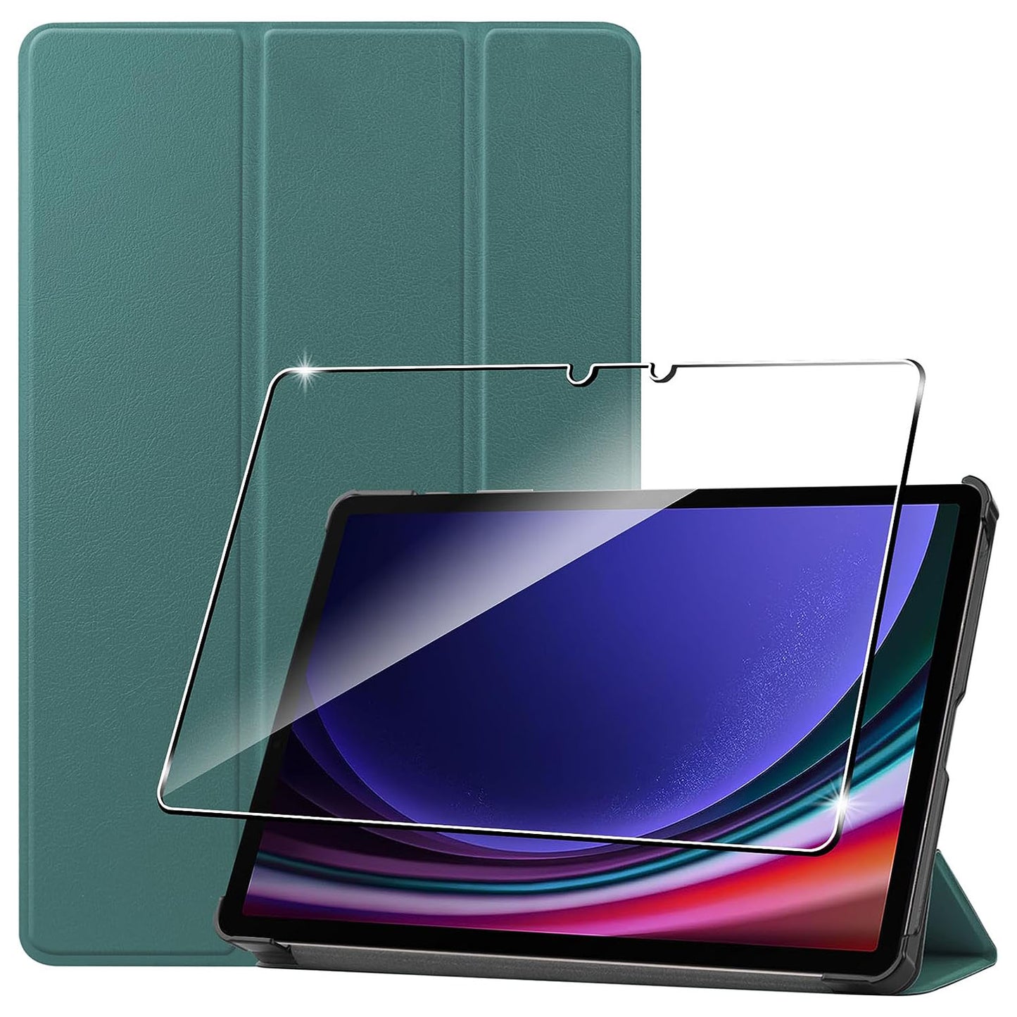 For Samsung Galaxy Tab S9 Tri-fold Stand PU Leather Tablet Case with 2.5D Tempered Glass Screen Protector
