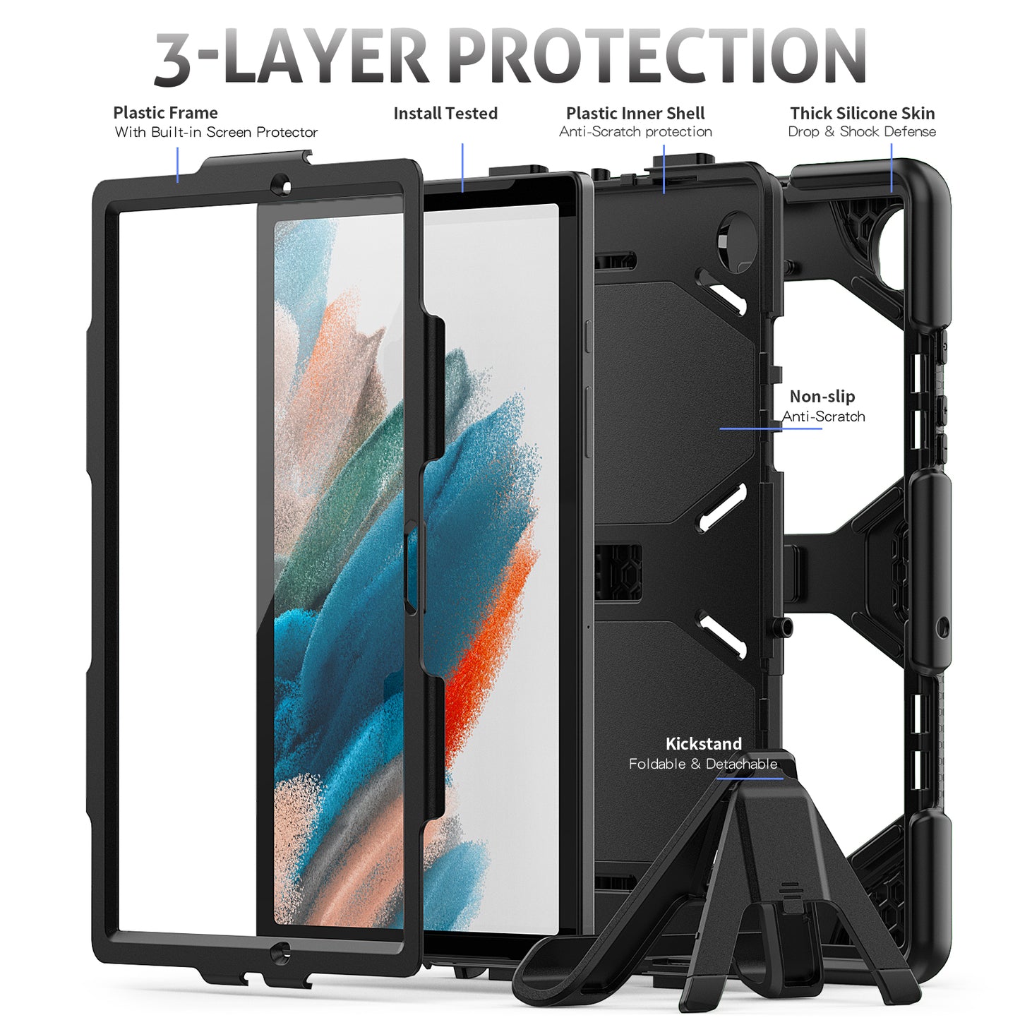 Kickstand Cover for Samsung Galaxy Tab A8 10.5 (2021) / (2022) , PC + Silicone Tablet Case with PET Screen Protector