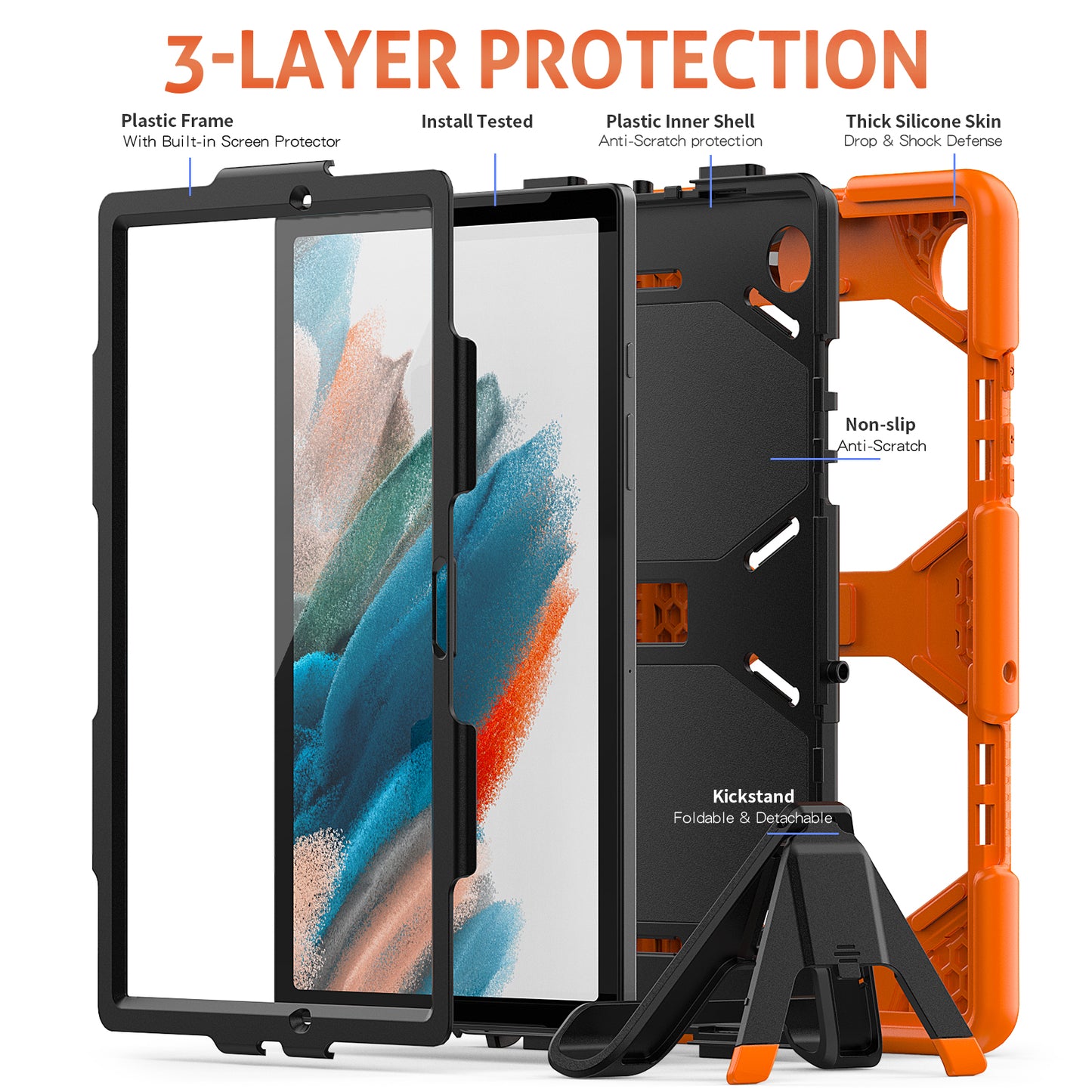 Kickstand Cover for Samsung Galaxy Tab A8 10.5 (2021) / (2022) , PC + Silicone Tablet Case with PET Screen Protector