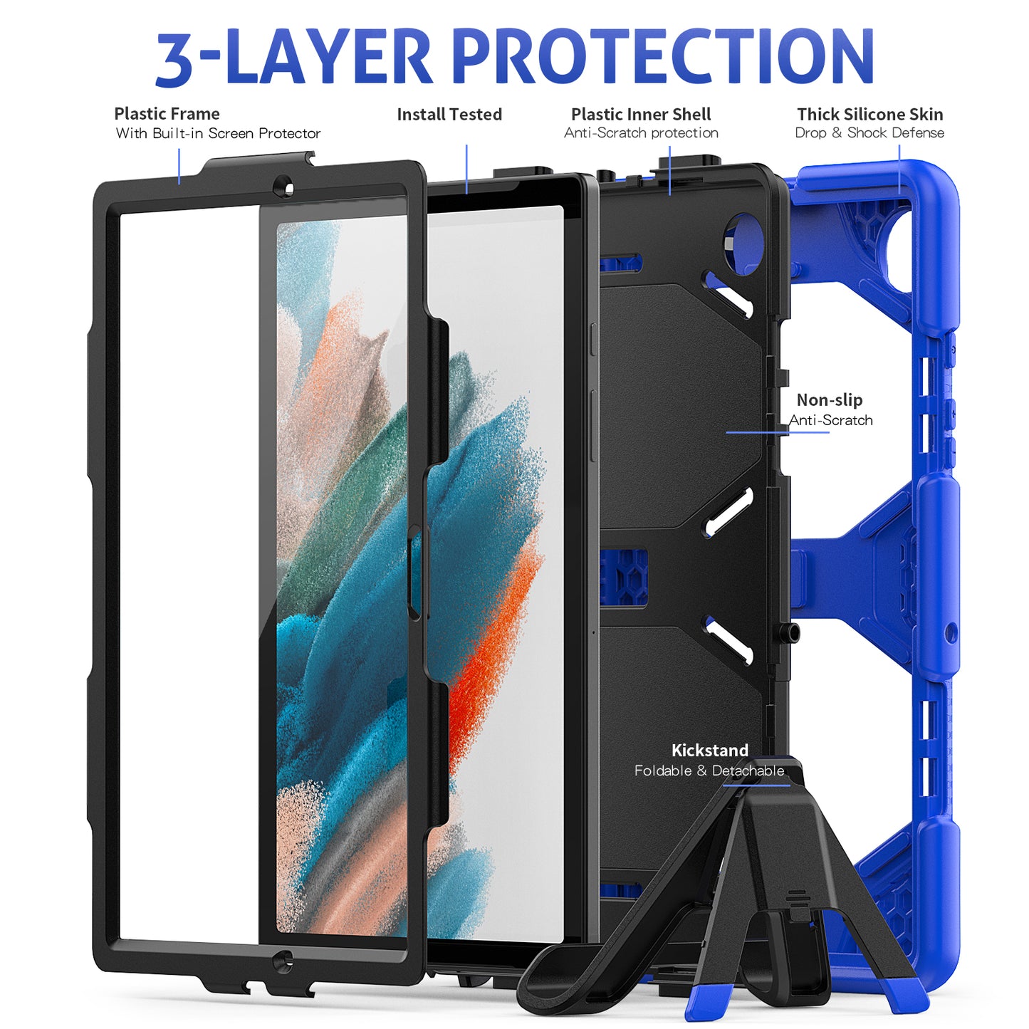 Kickstand Cover for Samsung Galaxy Tab A8 10.5 (2021) / (2022) , PC + Silicone Tablet Case with PET Screen Protector