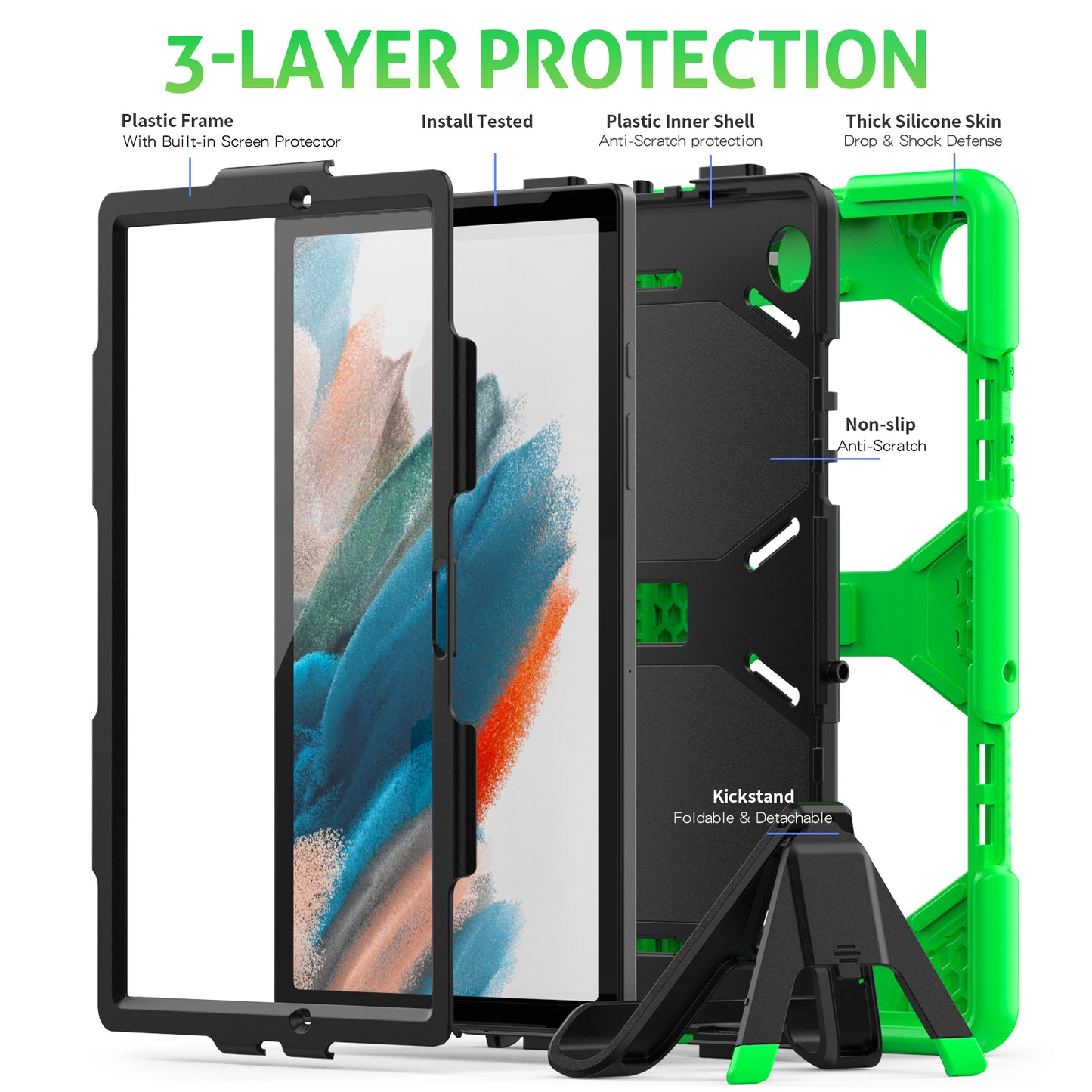Kickstand Cover for Samsung Galaxy Tab A8 10.5 (2021) / (2022) , PC + Silicone Tablet Case with PET Screen Protector