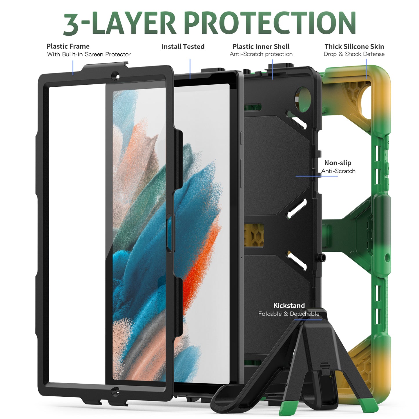 Kickstand Cover for Samsung Galaxy Tab A8 10.5 (2021) / (2022) , PC + Silicone Tablet Case with PET Screen Protector