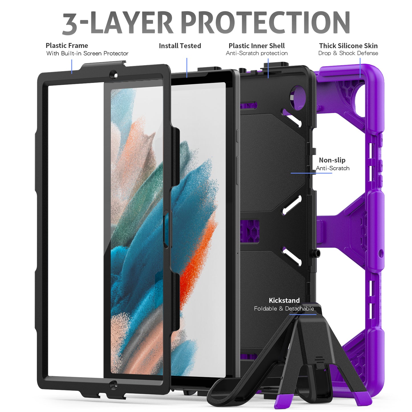 Kickstand Cover for Samsung Galaxy Tab A8 10.5 (2021) / (2022) , PC + Silicone Tablet Case with PET Screen Protector