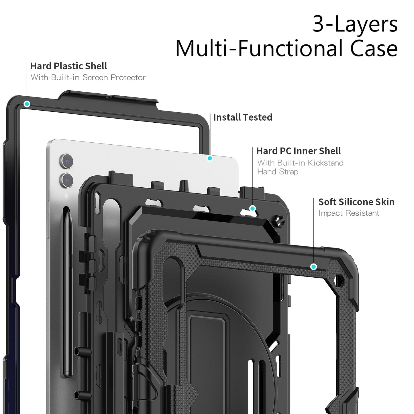 For Samsung Galaxy Tab S9 Ultra (SM-X910 / X916B / X918U) Shockproof Case PC+Silicone Tablet Kickstand Cover with PET Screen Film