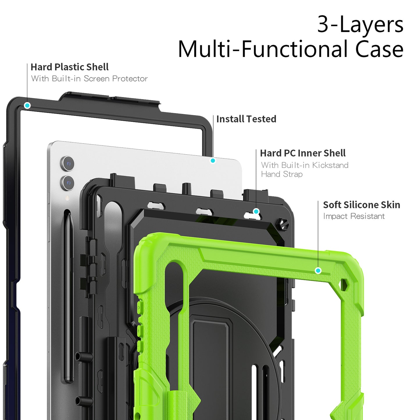 For Samsung Galaxy Tab S9 Ultra (SM-X910 / X916B / X918U) Shockproof Case PC+Silicone Tablet Kickstand Cover with PET Screen Film