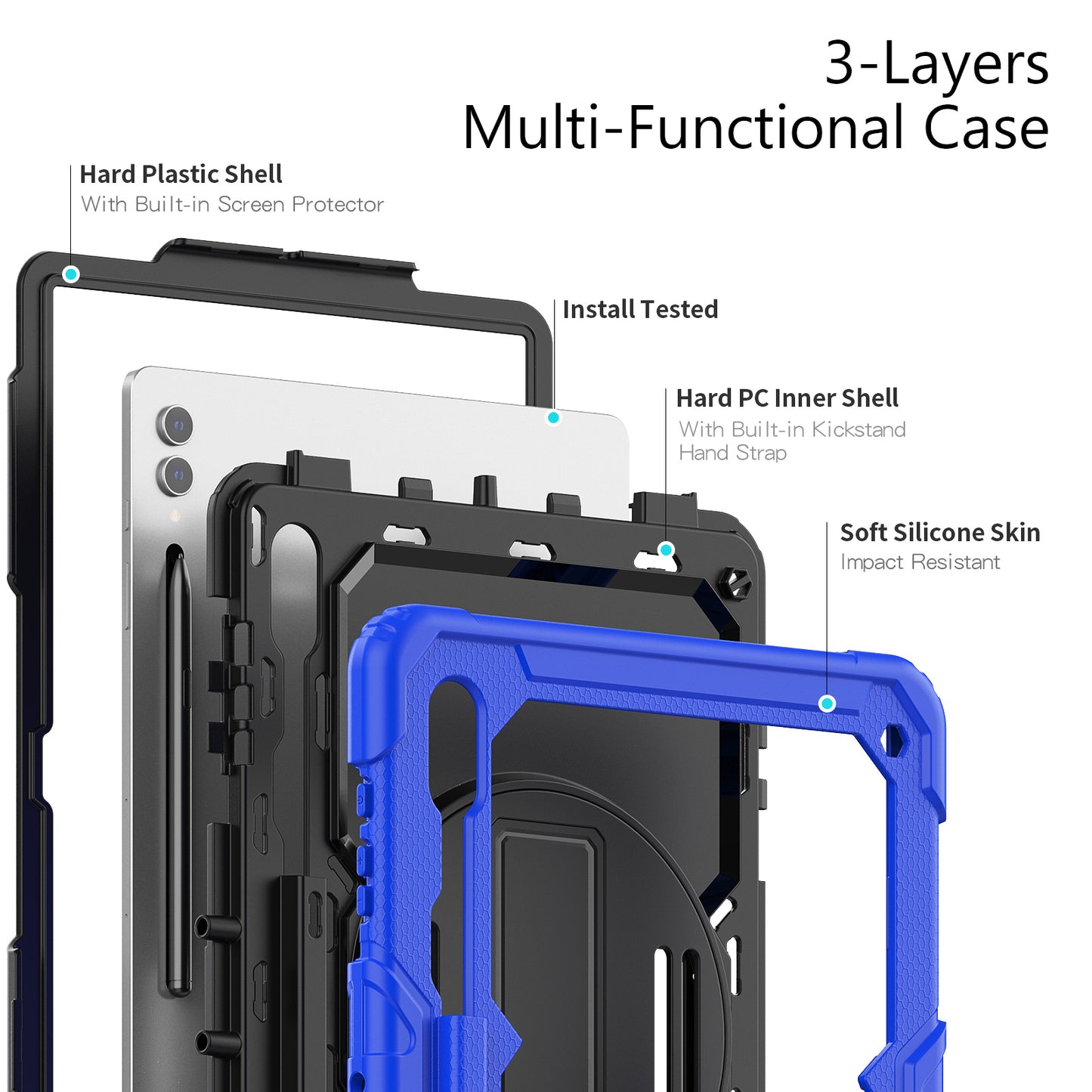 For Samsung Galaxy Tab S9 Ultra (SM-X910 / X916B / X918U) Shockproof Case PC+Silicone Tablet Kickstand Cover with PET Screen Film