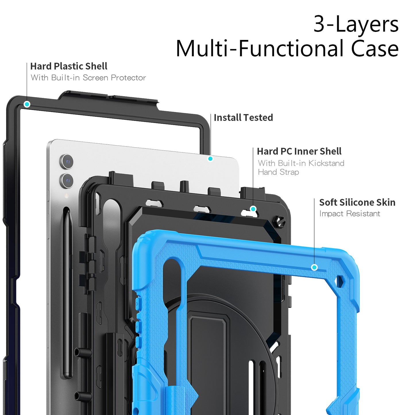 For Samsung Galaxy Tab S9 Ultra (SM-X910 / X916B / X918U) Shockproof Case PC+Silicone Tablet Kickstand Cover with PET Screen Film