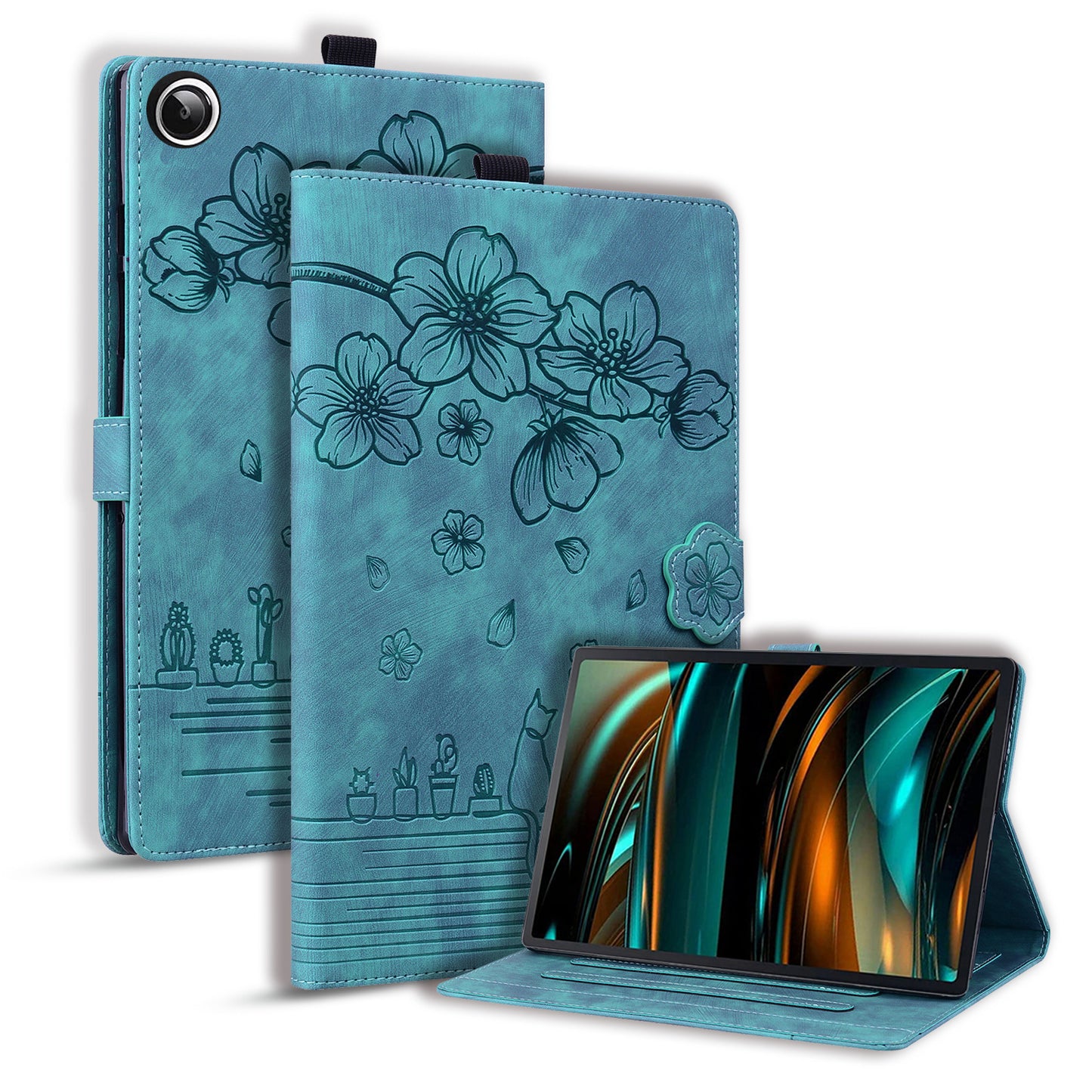 For Samsung Galaxy Tab A9+ Shockproof PU Leather Cover Flower Cat Imprinted Tablet Case