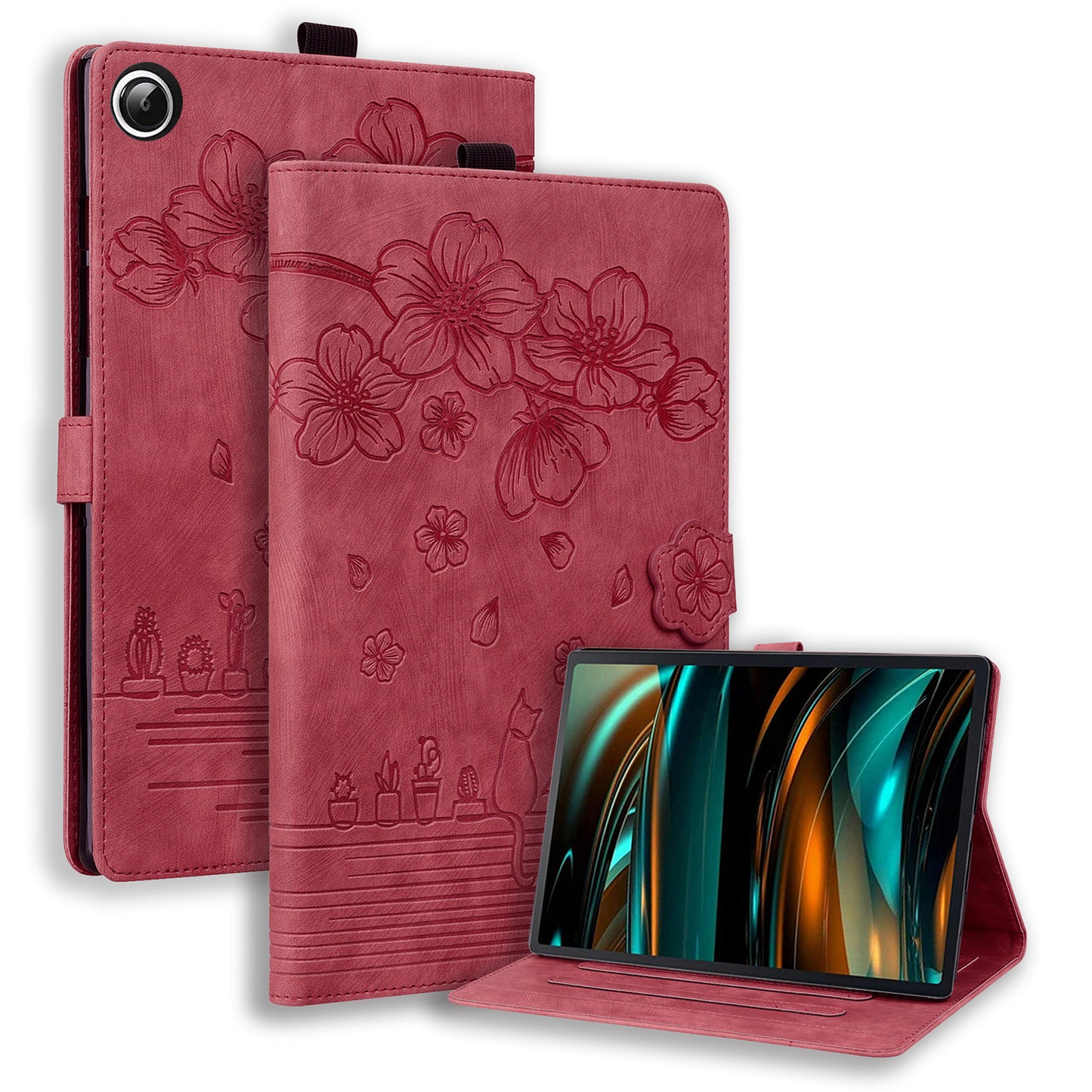 For Samsung Galaxy Tab A9+ Shockproof PU Leather Cover Flower Cat Imprinted Tablet Case