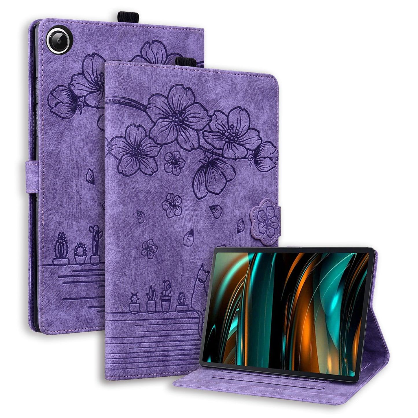 For Samsung Galaxy Tab A9+ Shockproof PU Leather Cover Flower Cat Imprinted Tablet Case