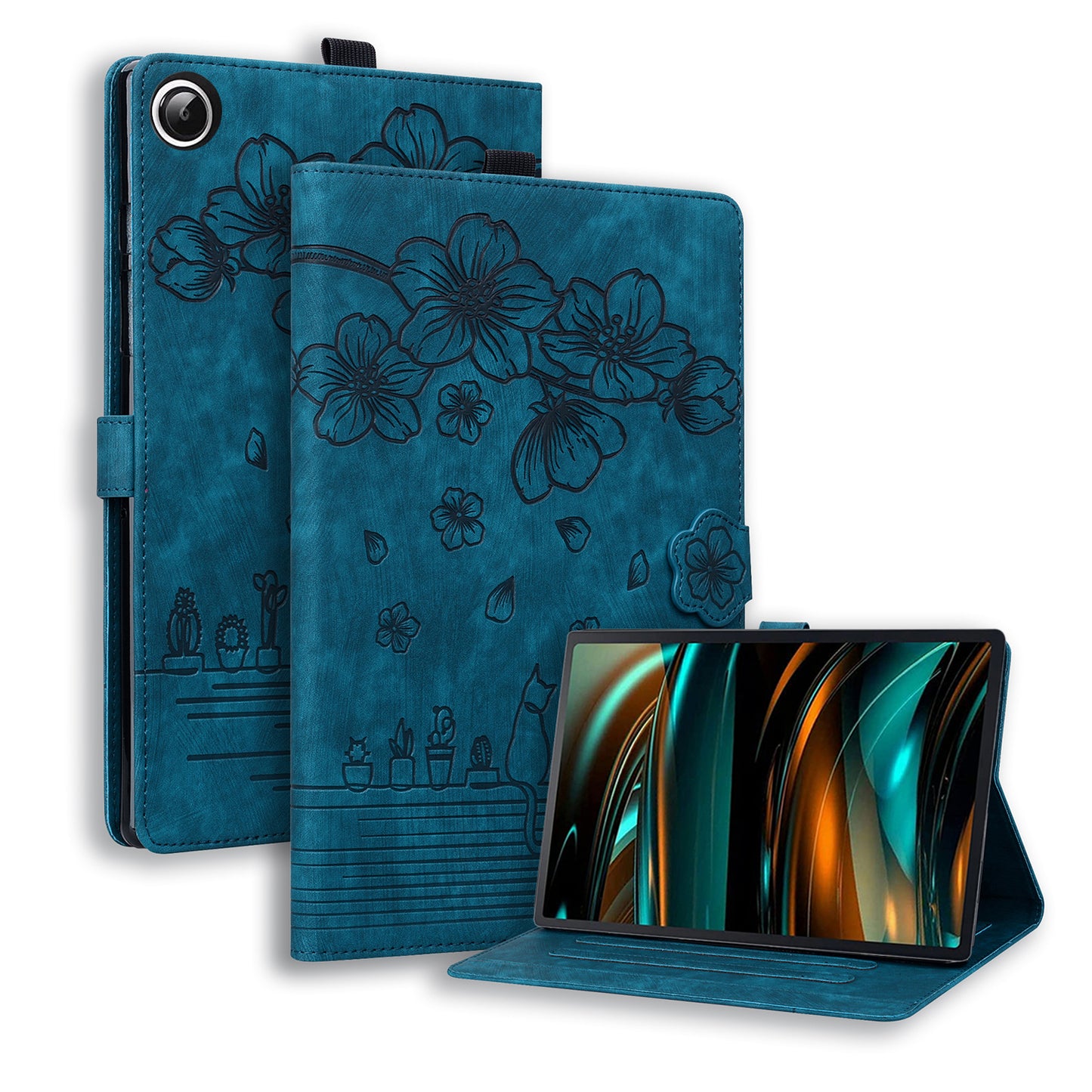 For Samsung Galaxy Tab A9+ Shockproof PU Leather Cover Flower Cat Imprinted Tablet Case