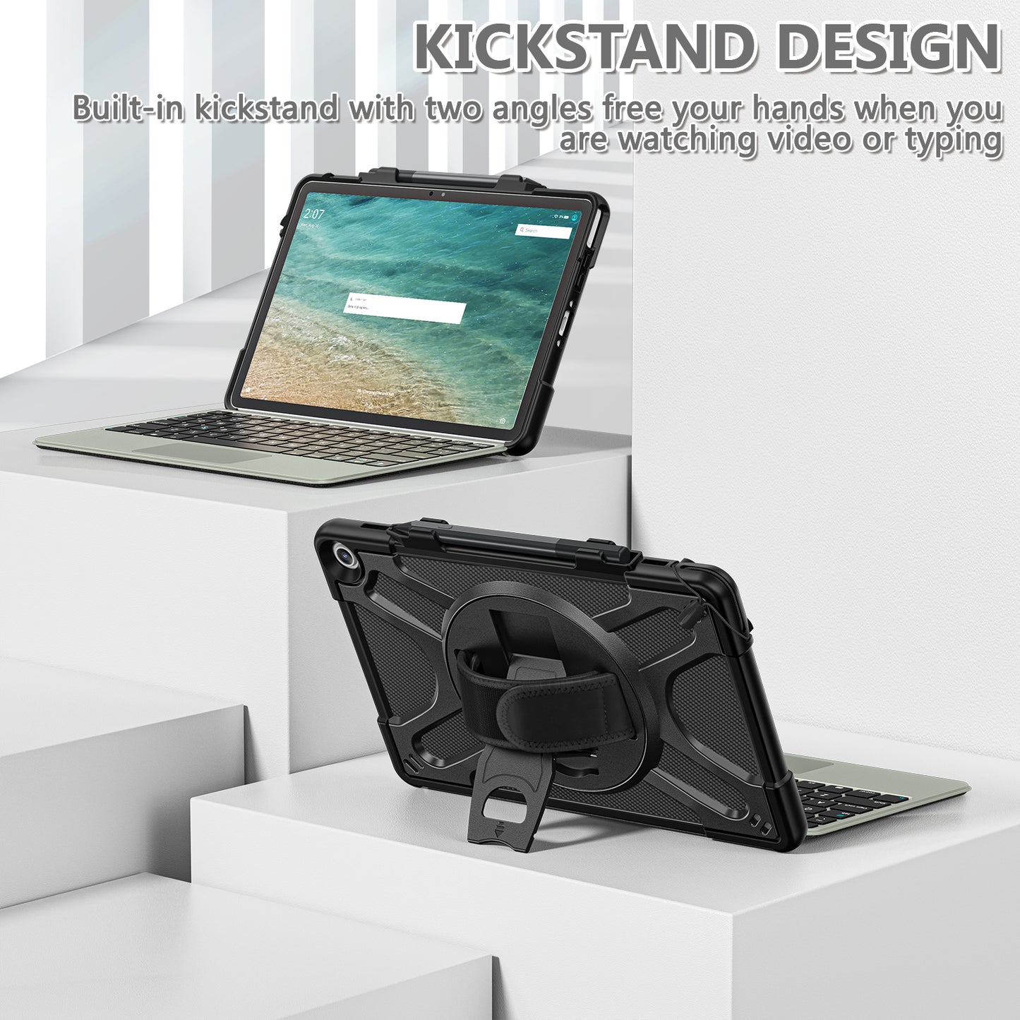 For Amazon Fire Max 11 Kickstand Tablet Case PC + TPU Shockproof Protective Cover with Hand Strap