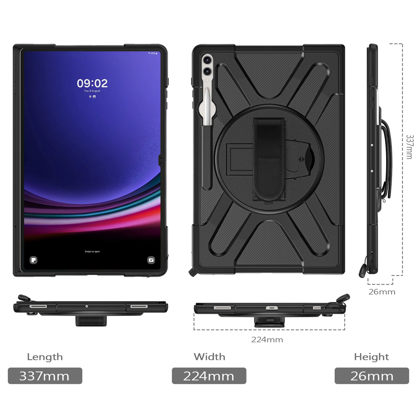 Kickstand Tablet Case for Samsung Galaxy Tab S8 Ultra X900 X906 / Tab S9 Ultra X910 , Rugged Shockproof PC + TPU Cover with Hand Strap