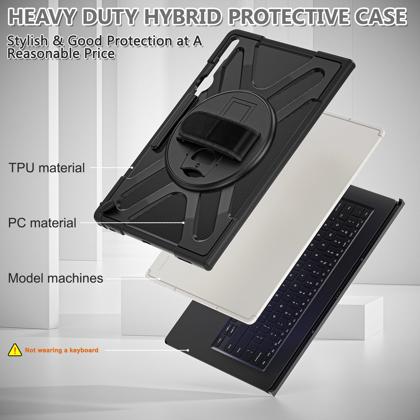 Kickstand Tablet Case for Samsung Galaxy Tab S8 Ultra X900 X906 / Tab S9 Ultra X910 , Rugged Shockproof PC + TPU Cover with Hand Strap