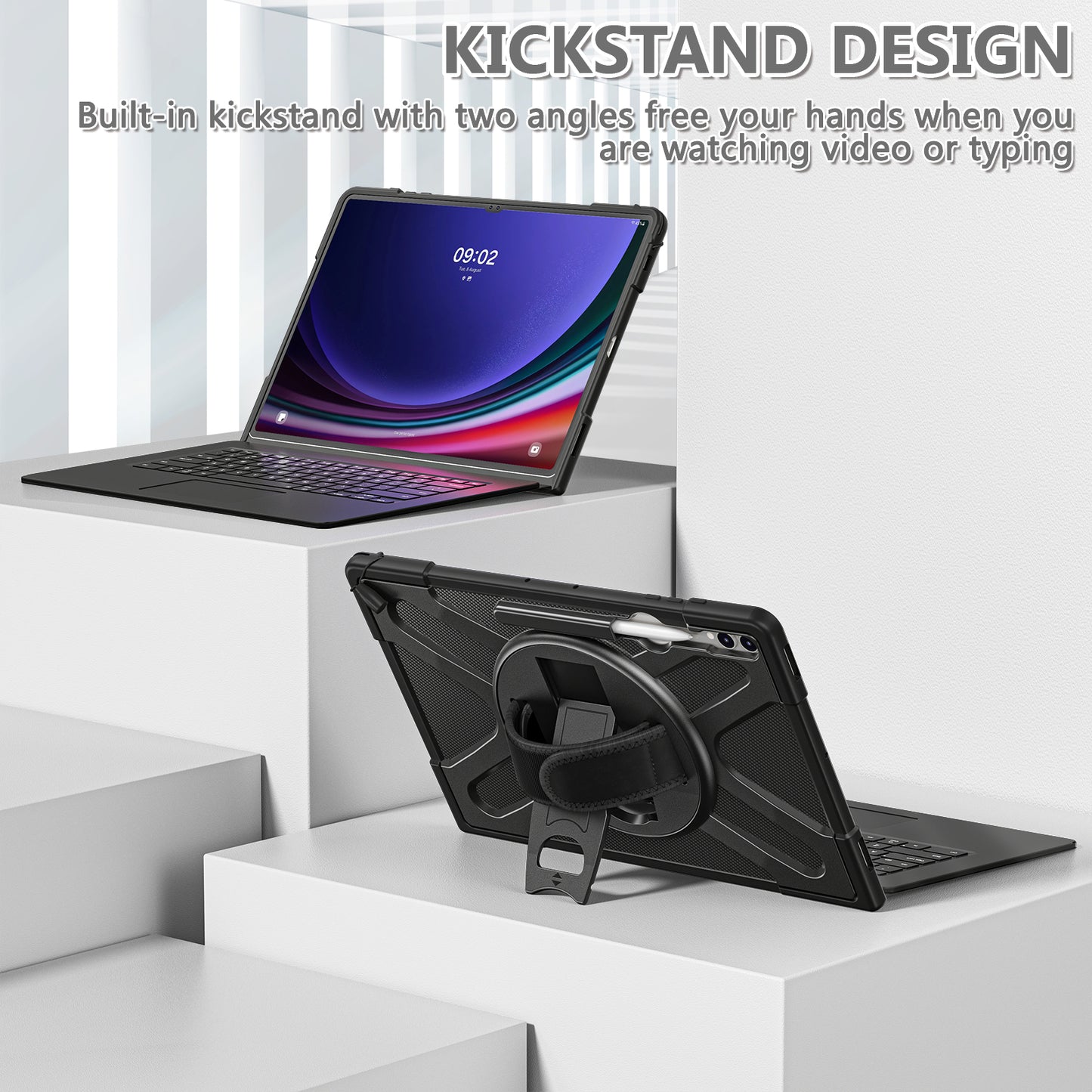 Kickstand Tablet Case for Samsung Galaxy Tab S8 Ultra X900 X906 / Tab S9 Ultra X910 , Rugged Shockproof PC + TPU Cover with Hand Strap