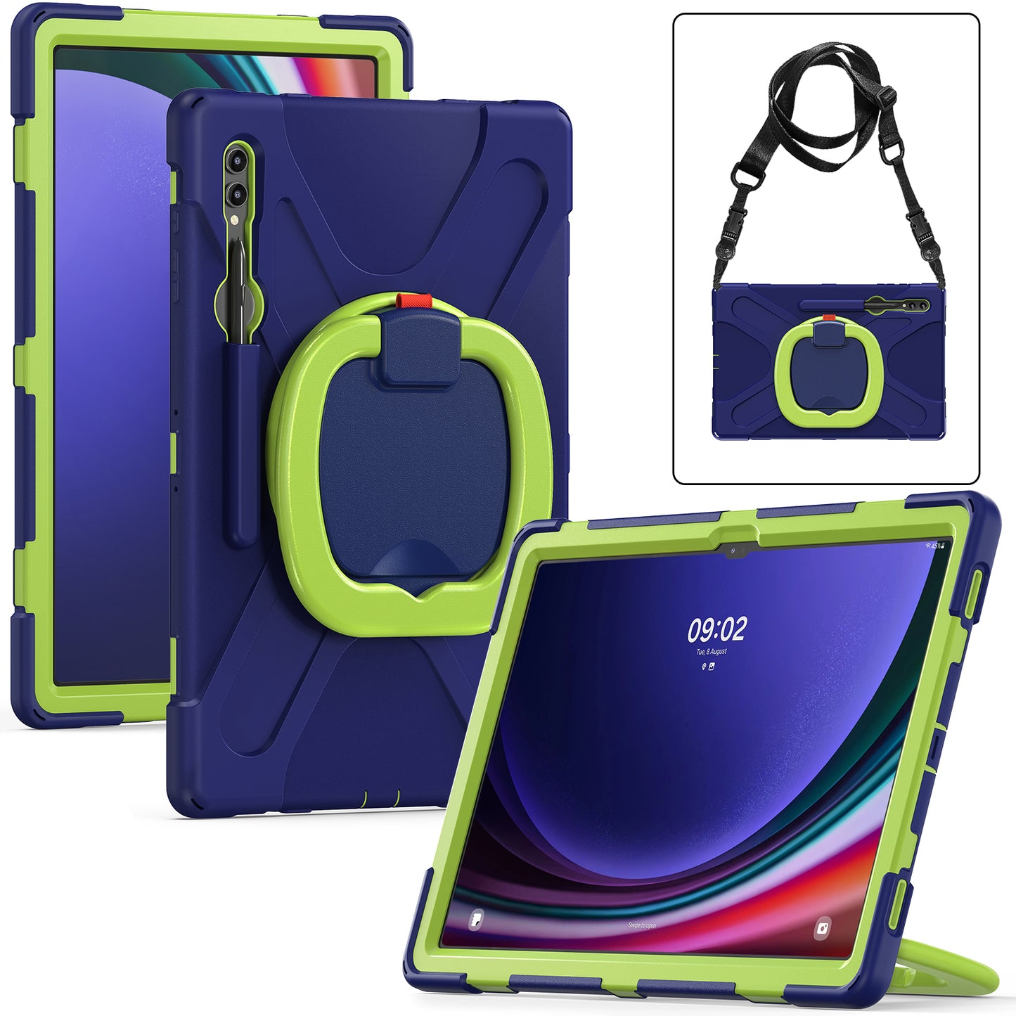 For Samsung Samsung Galaxy Tab S9 X910 / S8 Ultra X900 / X906 PC+Silicone Tablet Case Rotating Kickstand Cover with Shoulder Strap